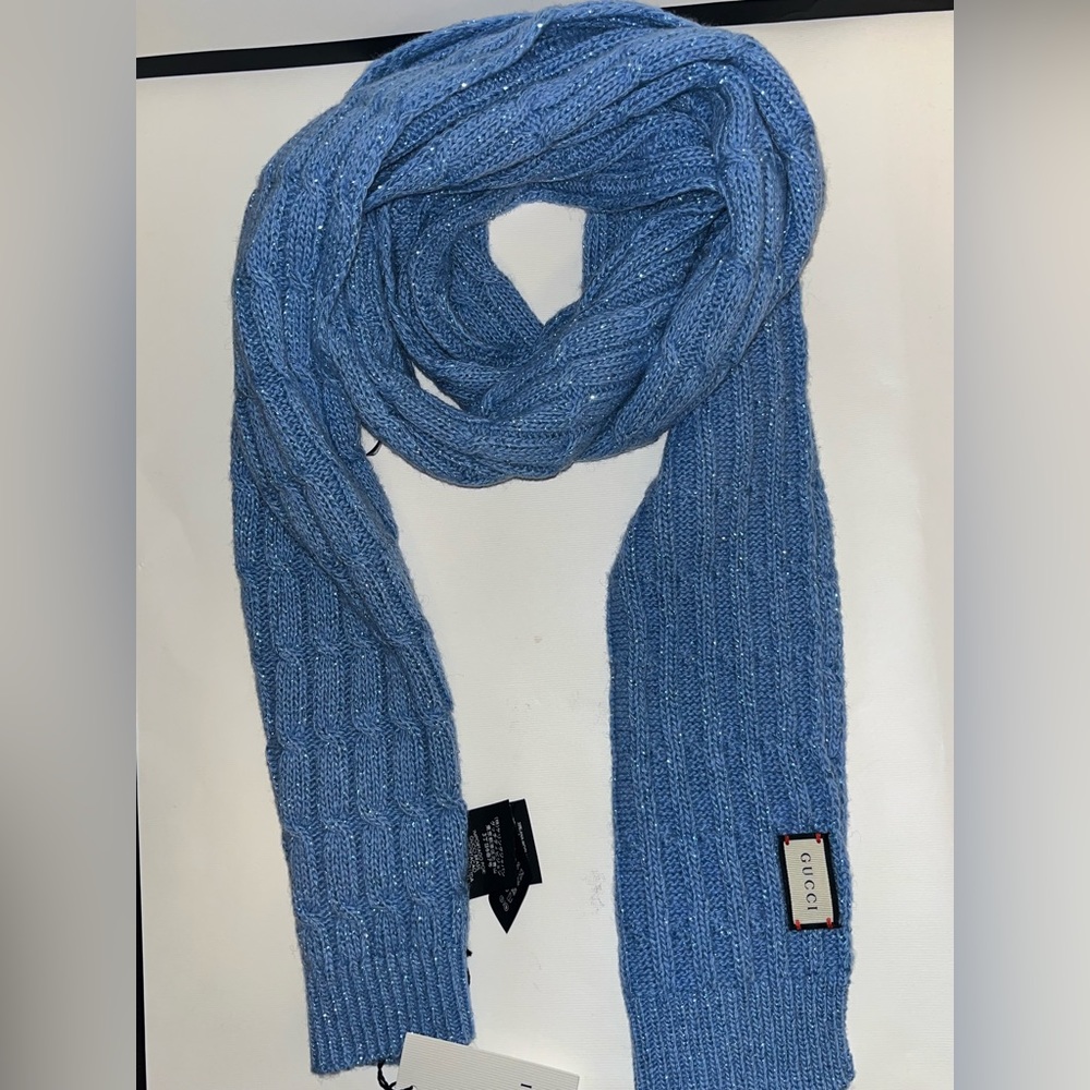 GUCCI Women Blue Shimmer Knitted Wool Long Scarf